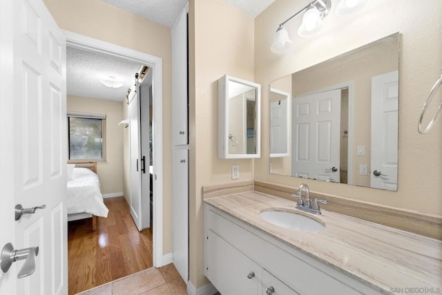 bathroom with vanity, wood-type flooring, and a textured ceiling