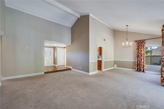 unfurnished living room featuring carpet floors, a notable chandelier, beamed ceiling, a textured ceiling, and high vaulted ceiling