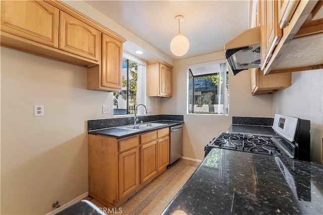 kitchen featuring sink, hanging light fixtures, stainless steel appliances, ventilation hood, and light tile patterned flooring