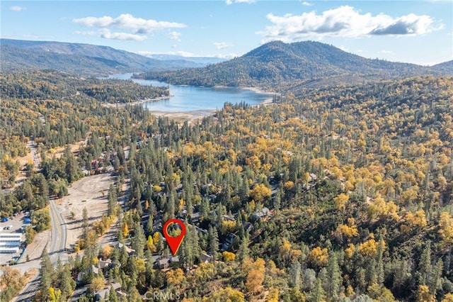 birds eye view of property with a water and mountain view