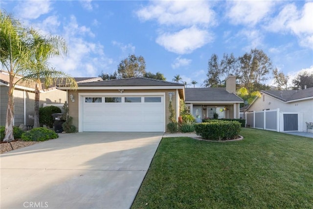 ranch-style house with a garage and a front lawn