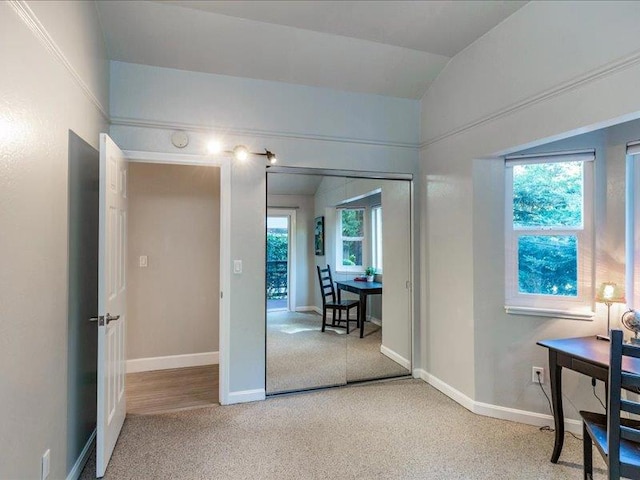 carpeted office with plenty of natural light and lofted ceiling