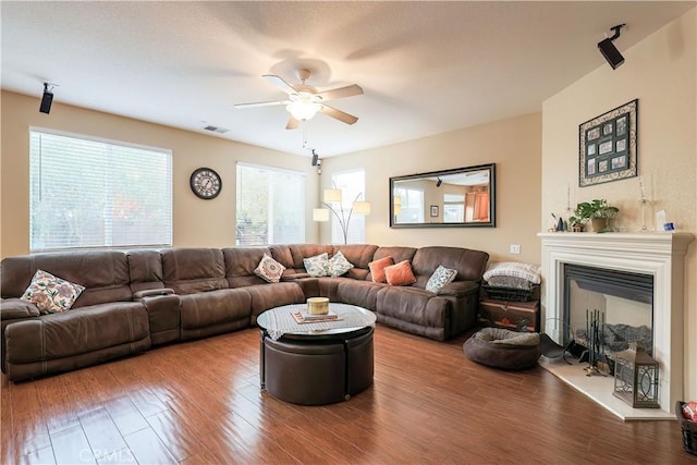 living room with ceiling fan and wood-type flooring