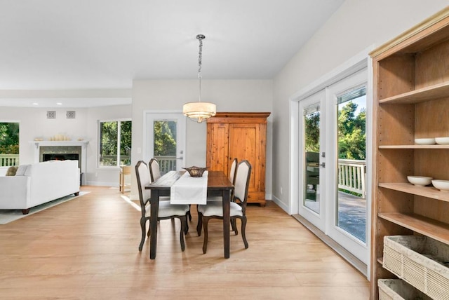 dining space with french doors and light hardwood / wood-style flooring