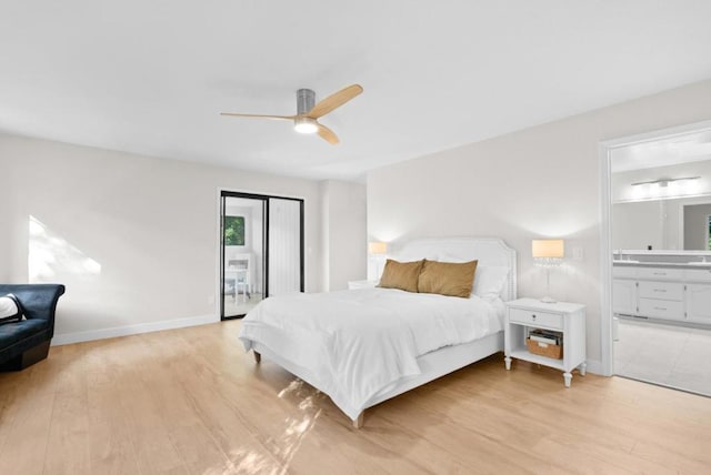 bedroom featuring connected bathroom, ceiling fan, and light hardwood / wood-style flooring