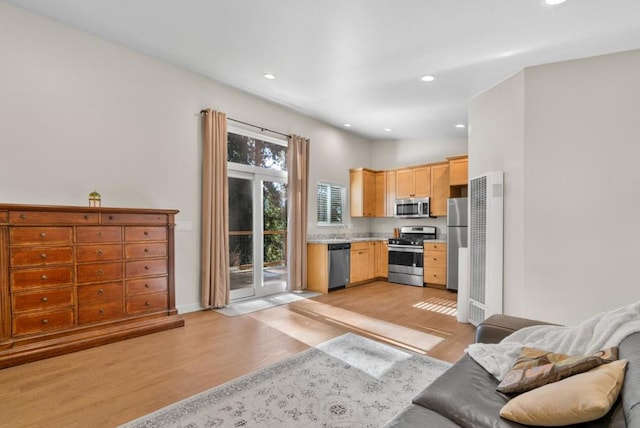 kitchen featuring light brown cabinets, light wood-type flooring, and stainless steel appliances