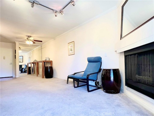 sitting room with carpet floors, crown molding, and track lighting