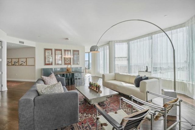 living room featuring expansive windows and dark hardwood / wood-style flooring