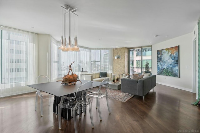 dining room with dark wood-type flooring and floor to ceiling windows