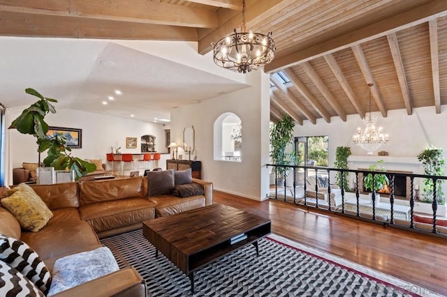 living room with lofted ceiling with beams, wood-type flooring, and wood ceiling