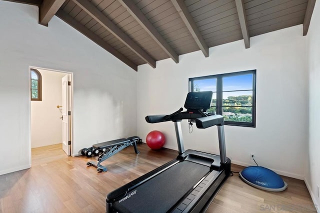 exercise area with high vaulted ceiling and wood-type flooring