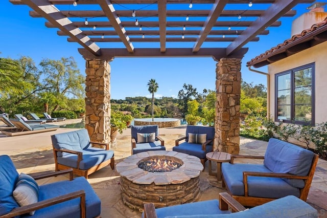 view of patio with a pool, a pergola, and an outdoor living space with a fire pit