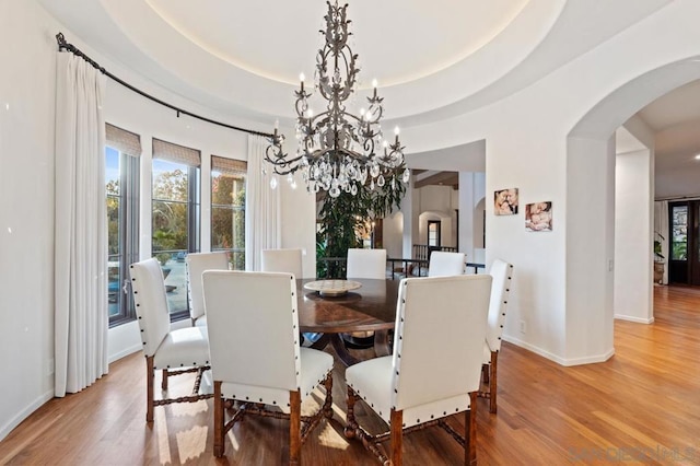 dining room with a raised ceiling, an inviting chandelier, and hardwood / wood-style flooring