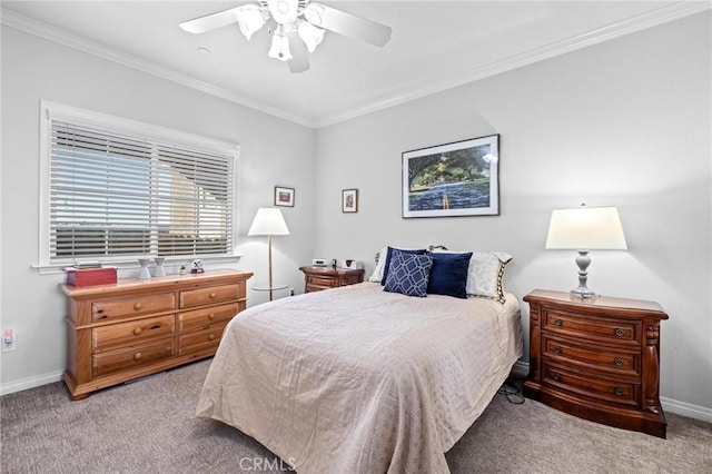 bedroom featuring light colored carpet, ceiling fan, and ornamental molding