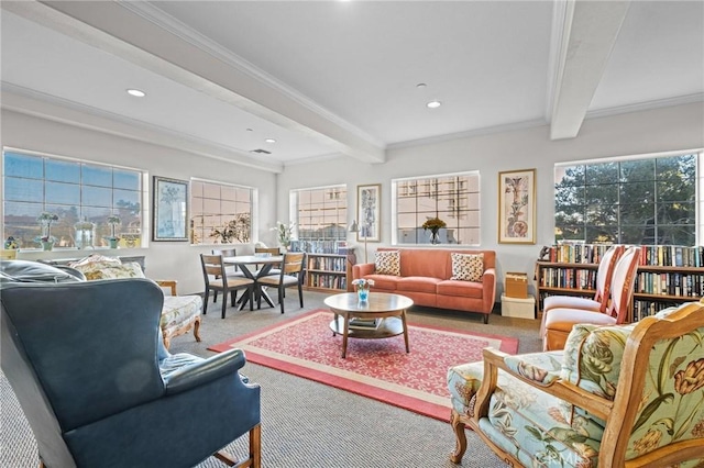 living room featuring beamed ceiling, crown molding, and carpet