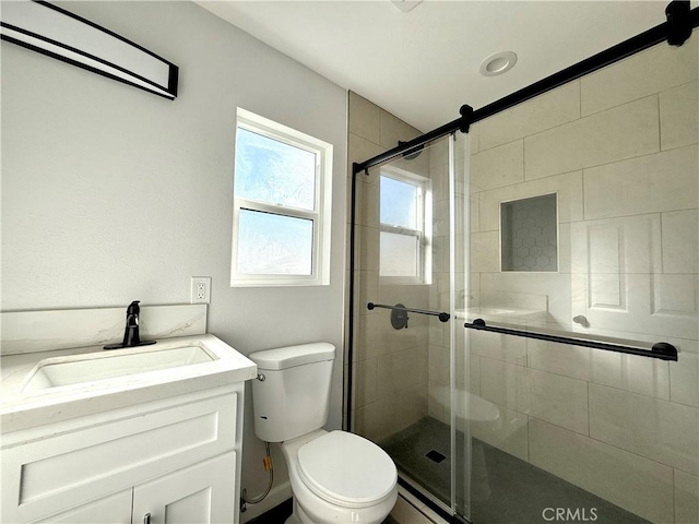 bathroom with vanity, toilet, and a shower with shower door