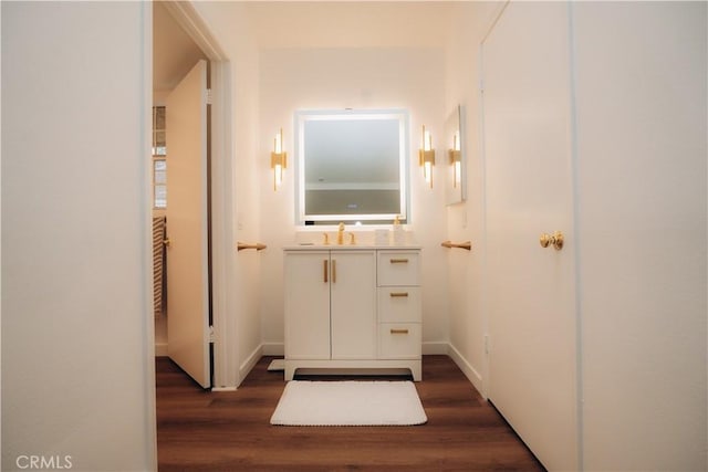 bathroom featuring vanity and hardwood / wood-style flooring