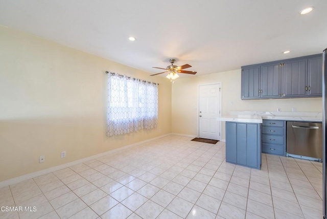 kitchen with dishwasher, ceiling fan, and light tile patterned flooring