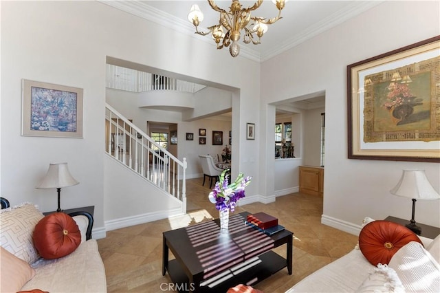 living room featuring an inviting chandelier, a healthy amount of sunlight, light tile patterned floors, and ornamental molding