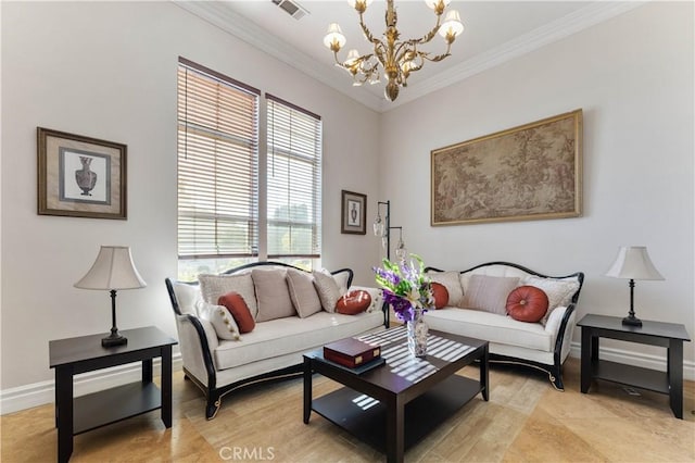 living room featuring an inviting chandelier, a healthy amount of sunlight, and crown molding