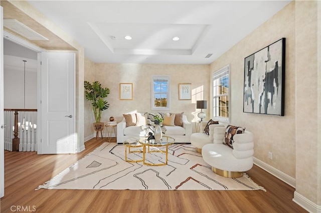 living room featuring wood-type flooring and a tray ceiling