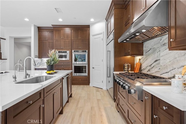 kitchen with light wood-type flooring, stainless steel appliances, backsplash, and sink