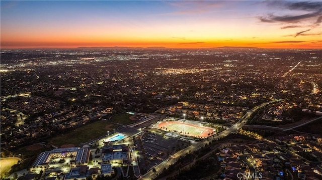 view of aerial view at dusk