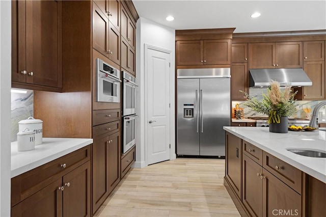 kitchen featuring stainless steel appliances, tasteful backsplash, light hardwood / wood-style floors, and sink