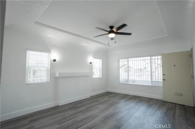 spare room featuring hardwood / wood-style flooring, ceiling fan, and a tray ceiling