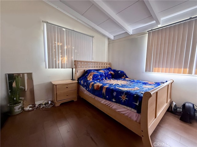 bedroom with vaulted ceiling with beams and dark hardwood / wood-style floors