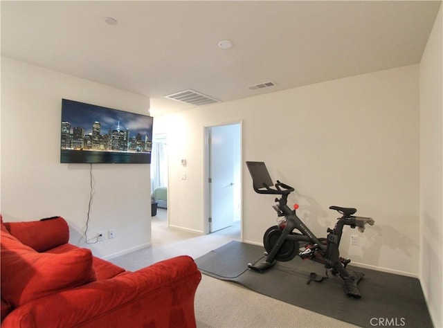 exercise room featuring light colored carpet