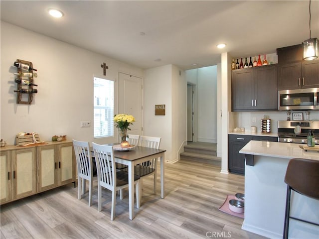 kitchen featuring dark brown cabinetry, hanging light fixtures, stainless steel appliances, and light wood-type flooring