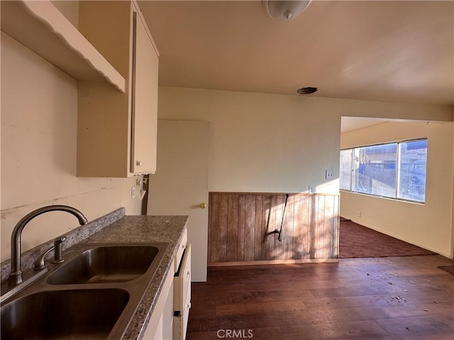 kitchen with sink, white cabinets, and dark wood-type flooring