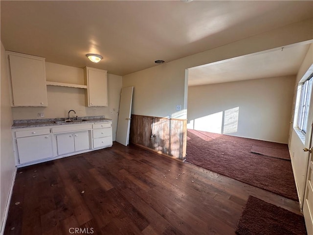 kitchen with light stone countertops, dark hardwood / wood-style flooring, white cabinetry, and sink