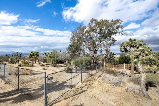 view of yard with a gate, fence, and a rural view