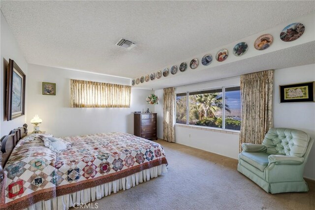 carpeted bedroom with a textured ceiling