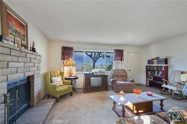 living room with a brick fireplace, a textured ceiling, and light carpet