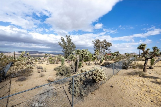 view of yard with fence, a mountain view, and a rural view