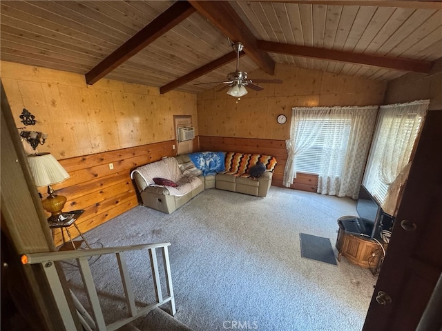 unfurnished living room with carpet flooring, vaulted ceiling with beams, ceiling fan, and wood ceiling