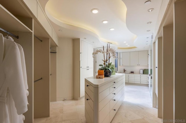 spacious closet featuring a tray ceiling