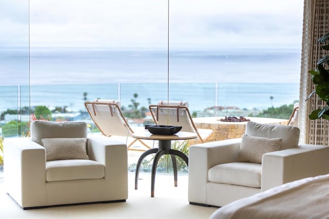 view of patio with a water view