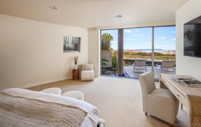 carpeted bedroom featuring a wall of windows and access to exterior