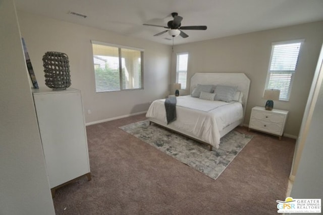 bedroom featuring dark colored carpet, ceiling fan, and multiple windows