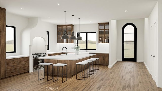 kitchen featuring an island with sink, high end stove, a kitchen breakfast bar, pendant lighting, and light hardwood / wood-style flooring