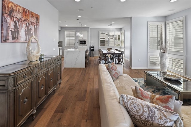 living room featuring sink and dark hardwood / wood-style flooring