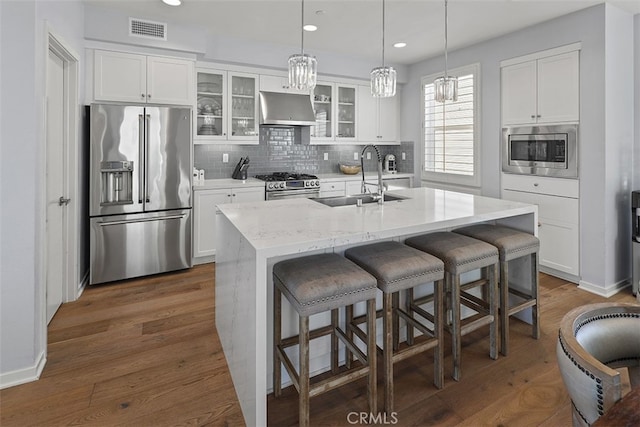 kitchen featuring a center island with sink, high quality appliances, light stone counters, sink, and range hood