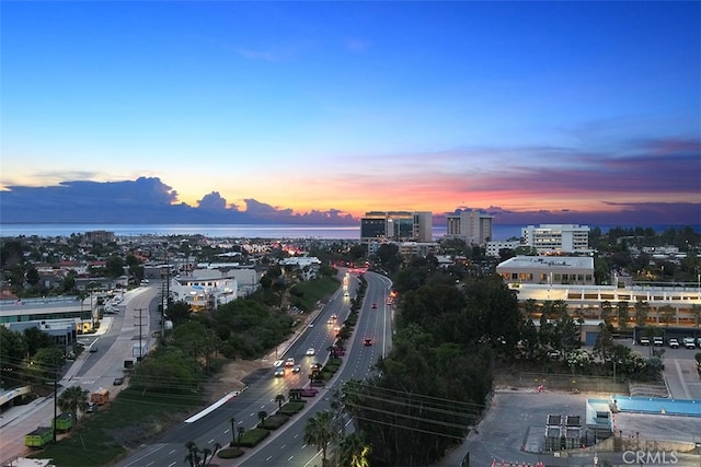 view of aerial view at dusk