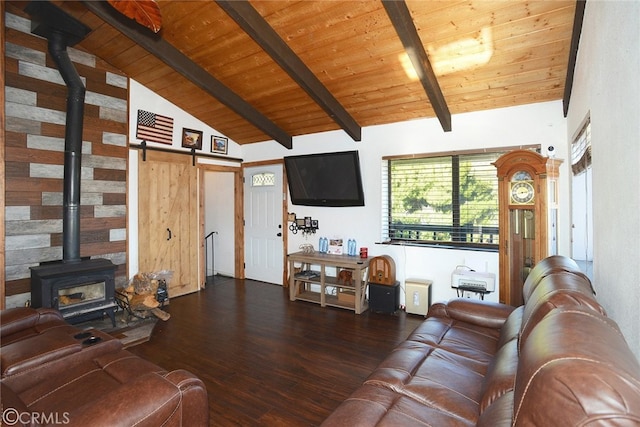 unfurnished living room featuring beam ceiling, dark hardwood / wood-style flooring, and high vaulted ceiling