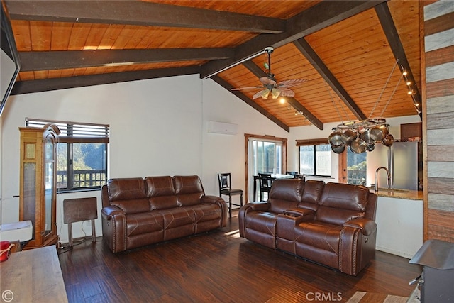 living room with vaulted ceiling with beams, ceiling fan, dark hardwood / wood-style flooring, and wood ceiling