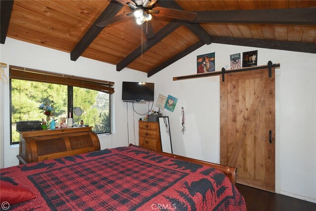 bedroom featuring vaulted ceiling with beams, dark hardwood / wood-style floors, ceiling fan, and multiple windows